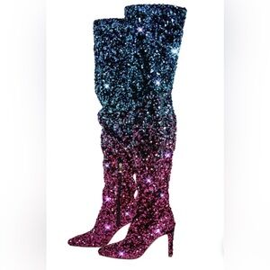 🩵🩷Blue and Pink Sequin Thigh -High Stiletto Boots 🩷🩵